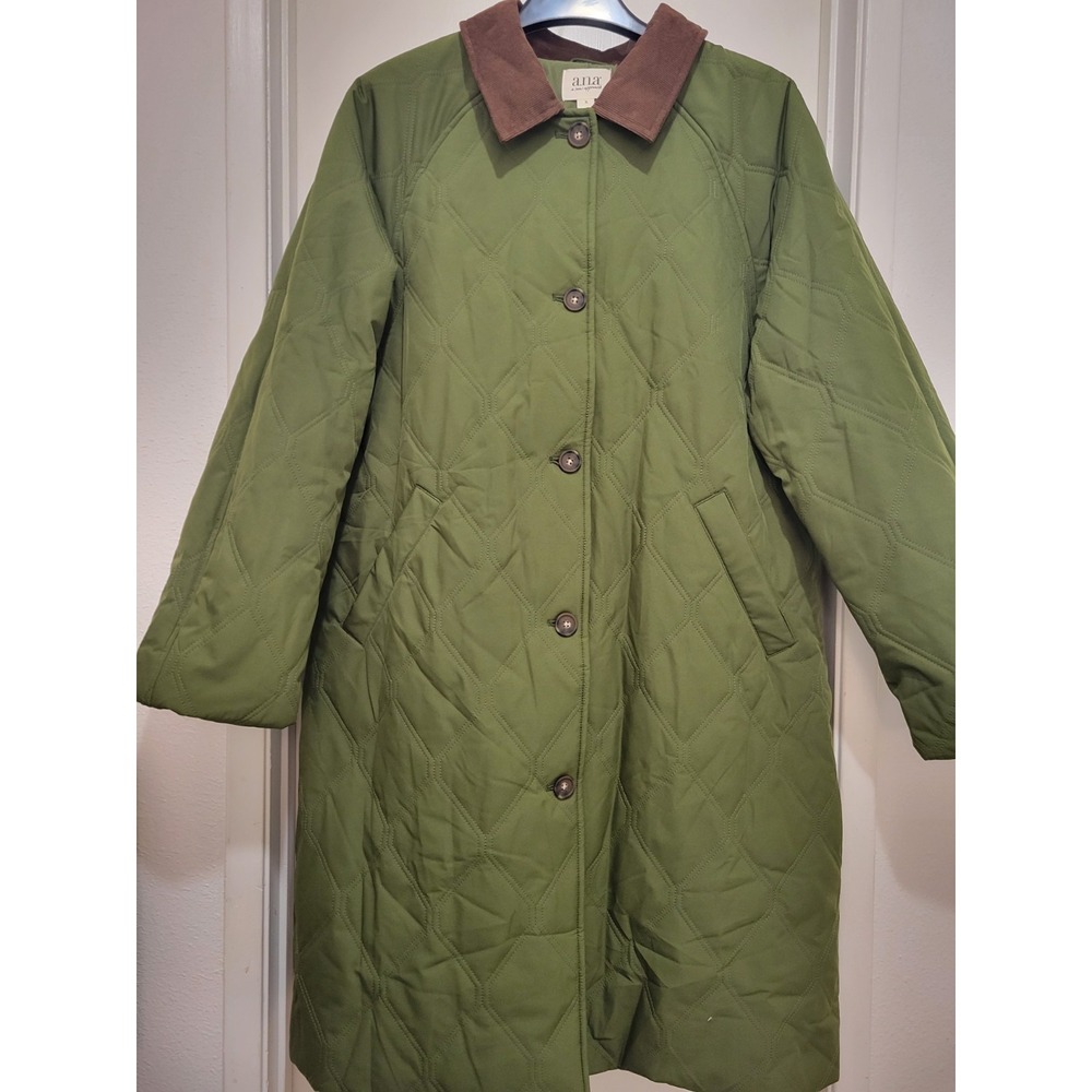 Women Quilted Green Corduroy Collar Cabin Gorp Down Puffer Parka Trench Coat XL